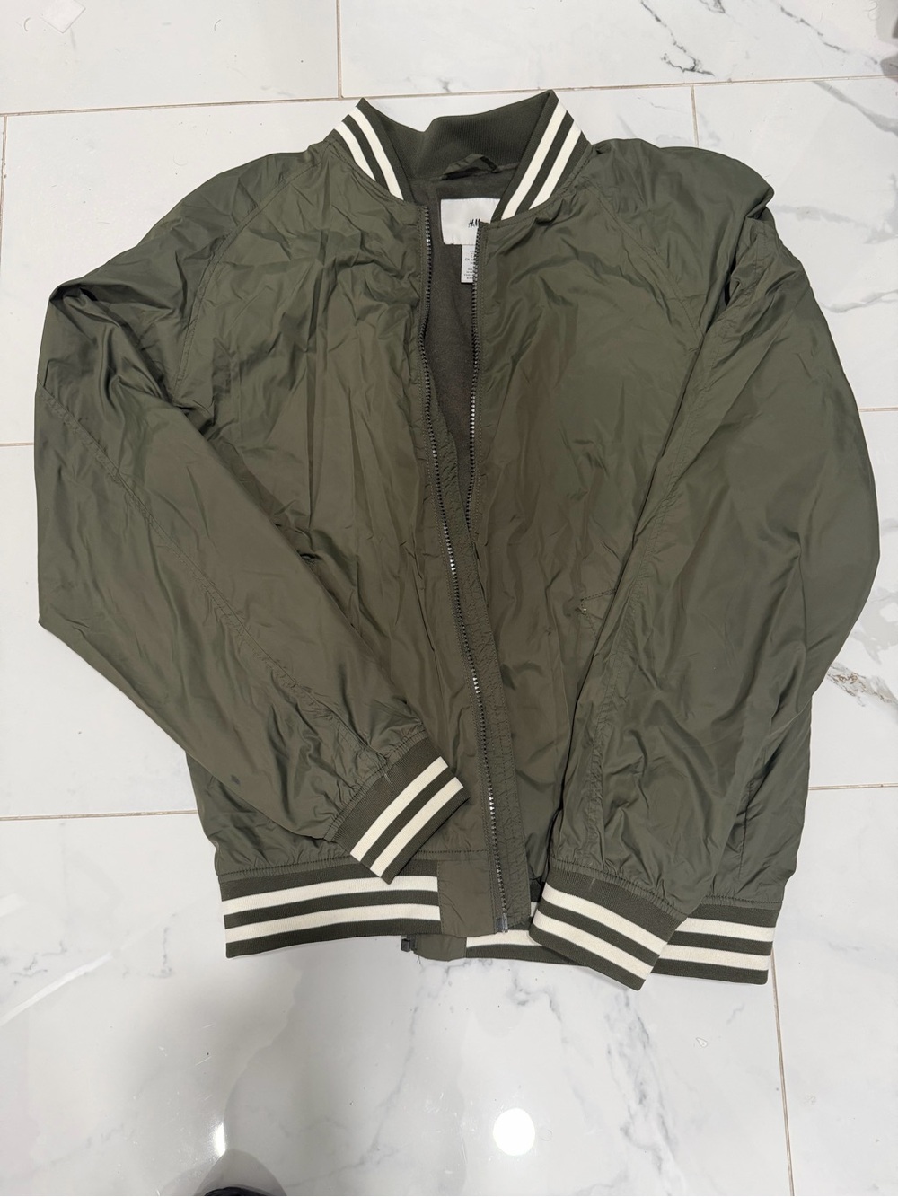 H&M Olive Green Bomber Jacket with Cream Stripe Trim